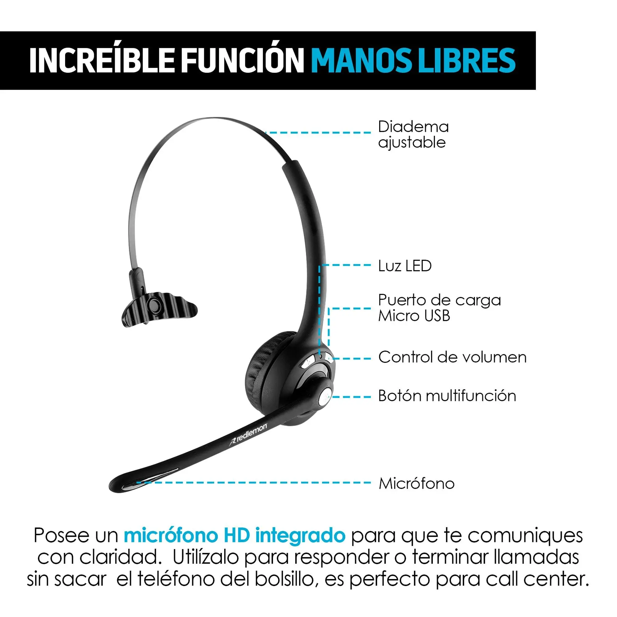 Audífono Bluetooth de Diadema con Micrófono Inalámbrico tipo Call Center para PC, Laptop, Mac, Windows, Android e IOS (iPhone) - Imagen 3
