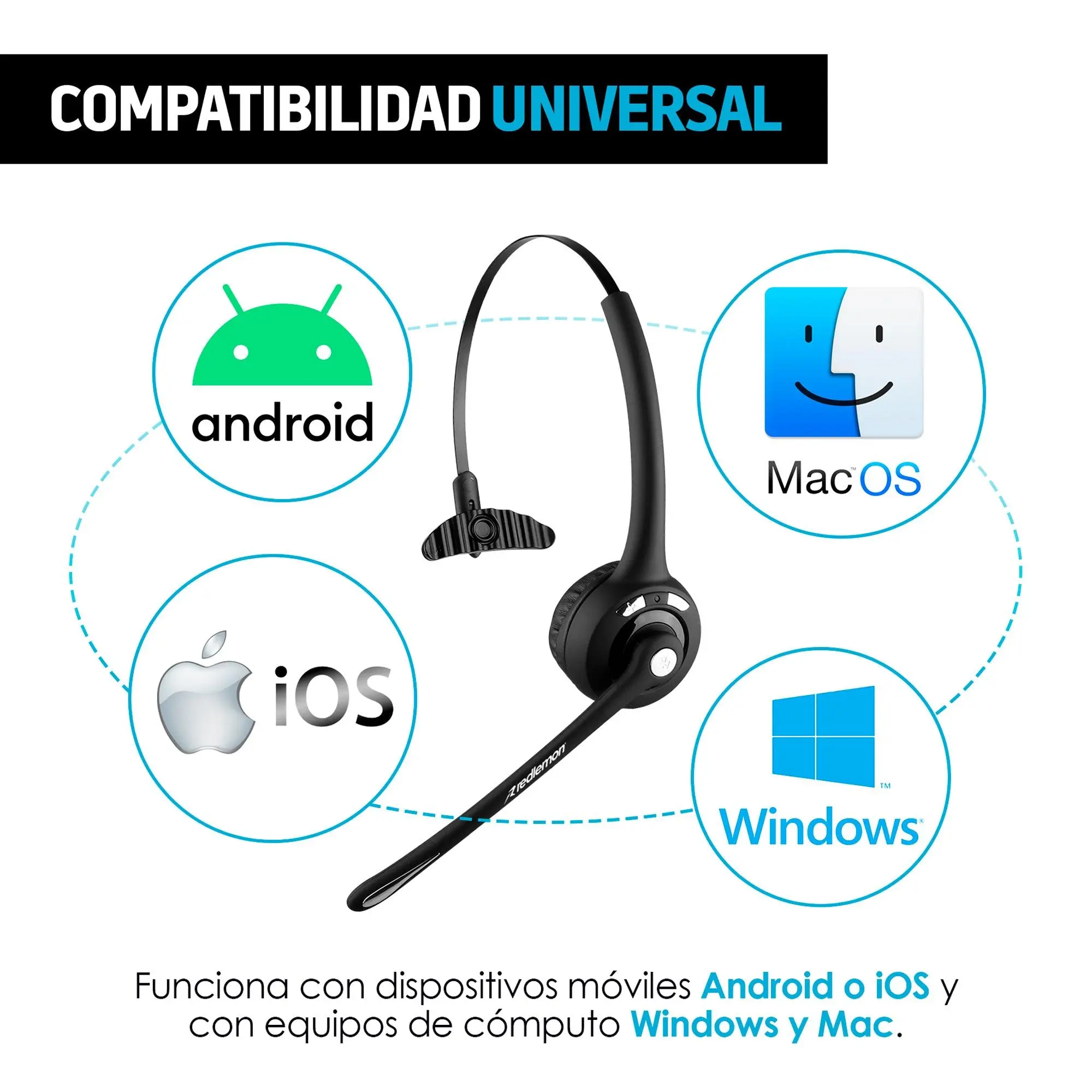 Audífono Bluetooth de Diadema con Micrófono Inalámbrico tipo Call Center para PC, Laptop, Mac, Windows, Android e IOS (iPhone) - Imagen 6